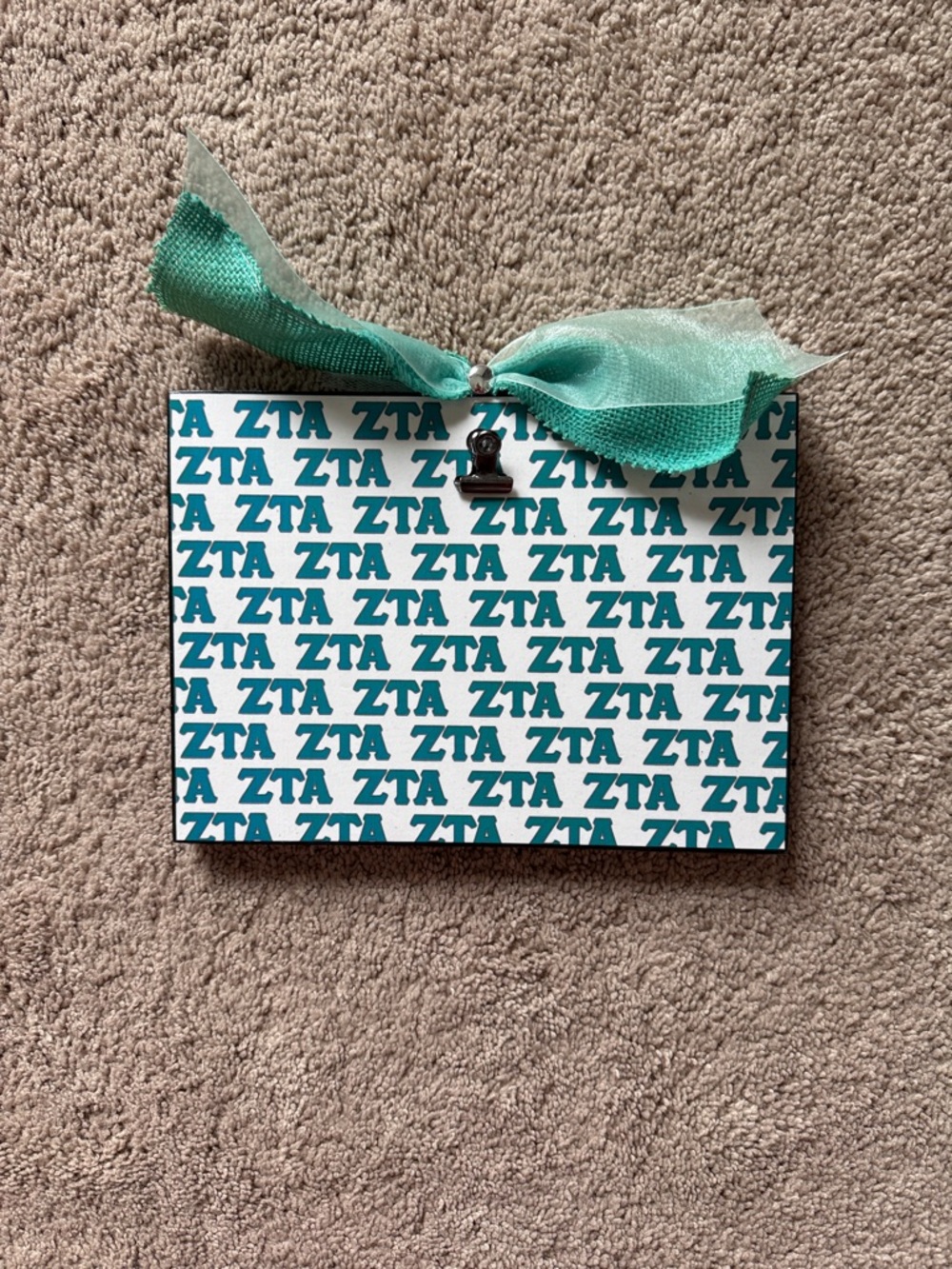 Zeta Tau Alpha Ribboned Standing Photo Frame - Teal and White